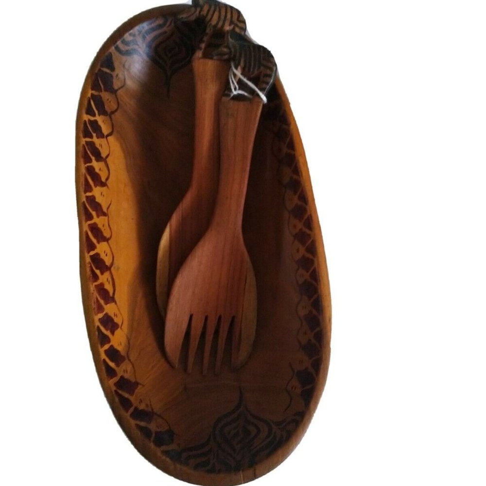 Hand Carved salad Boat Server 3 pc Set African